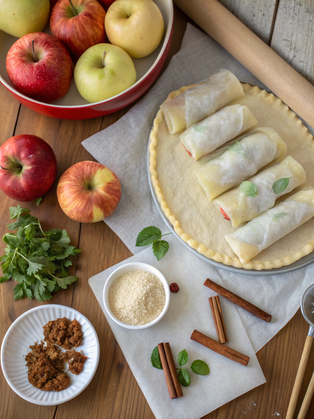 Ingredients for baked apple pie rolls including apples, rice paper, cinnamon, and lemon