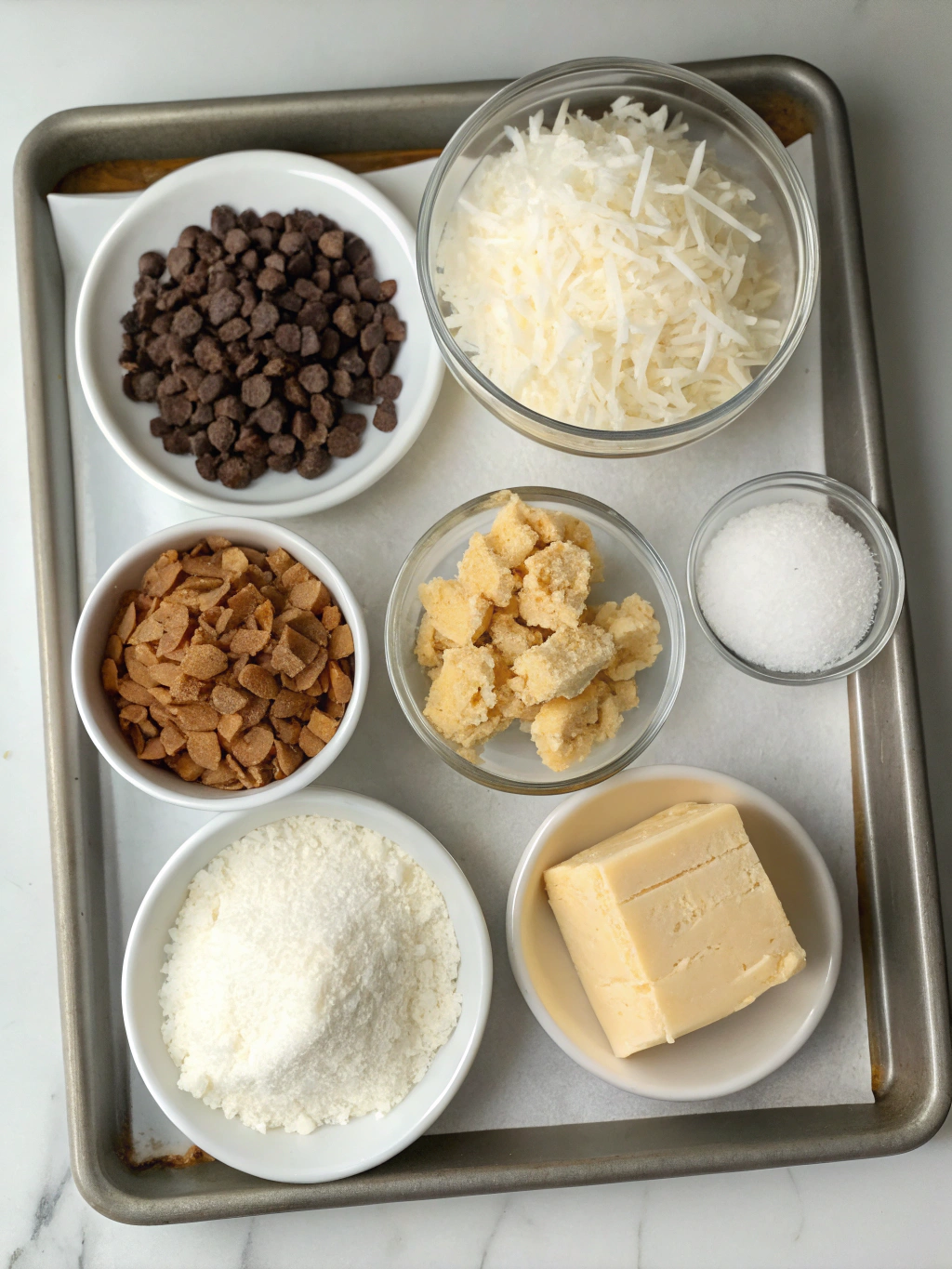 Ingredients for coconut toffee chocolate chip cookie bars
