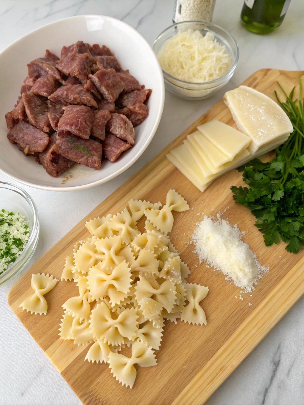 Ingredients for creamy parmesan garlic beef bowtie pasta
