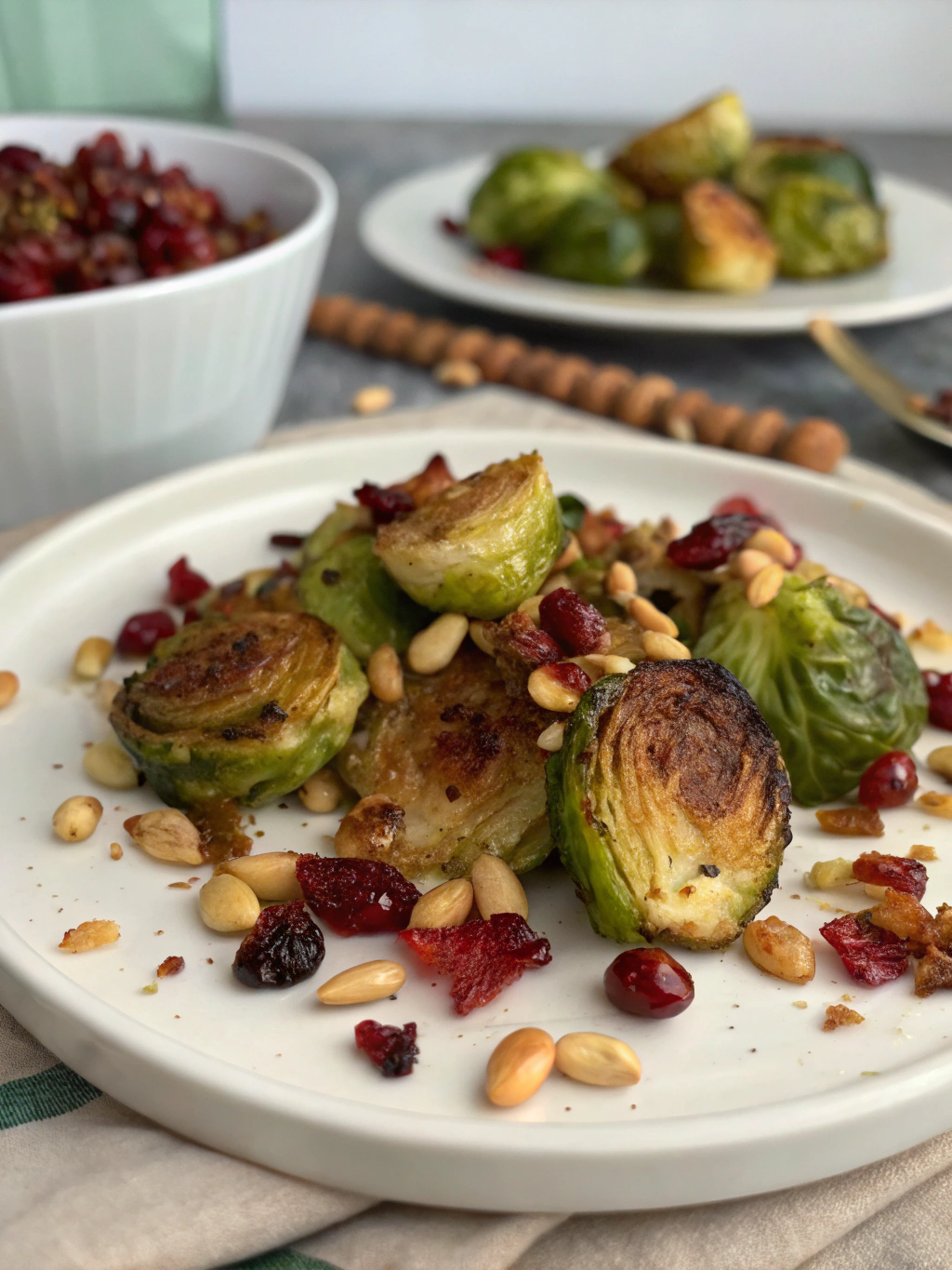 Ingredients for crispy smashed Brussels sprouts arranged on wooden surface
