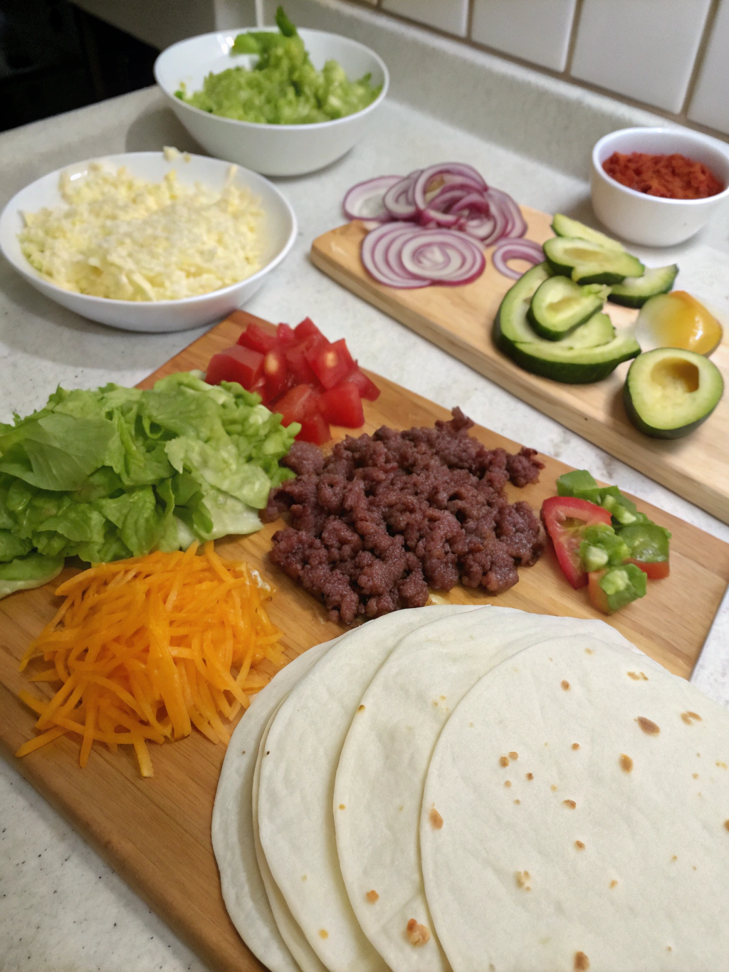 Ground beef tortilla wrap ingredients arranged on kitchen counter