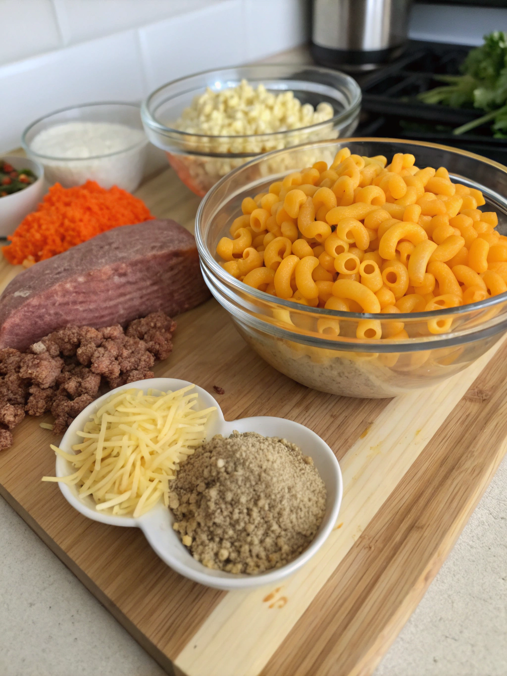 Ingredients for mac and cheese meatloaf casserole including ground beef, cheeses, pasta, and seasonings