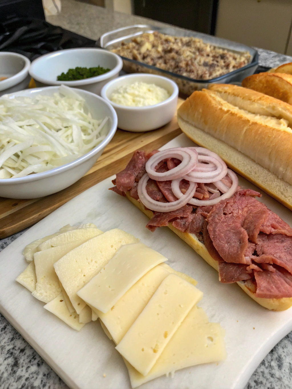 Philly Cheese Steak Stromboli ingredients arranged on counter