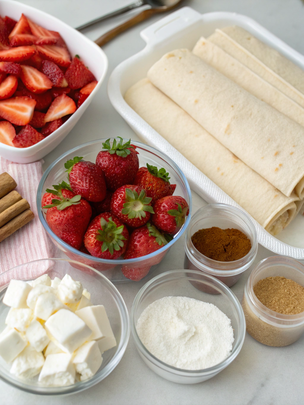 Strawberry cheesecake chimichanga ingredients laid out on counter