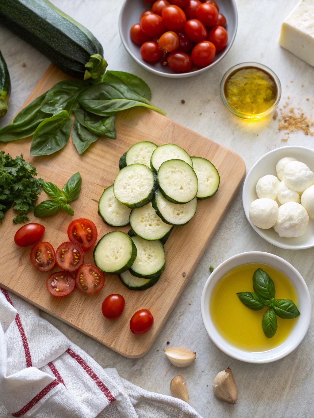 Zucchini pizza bites ingredients arranged on wooden surface