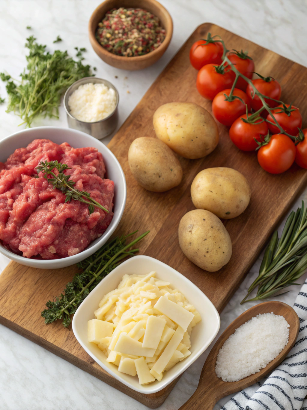 Ingredients for meatball mashed potato bake arranged on kitchen counter