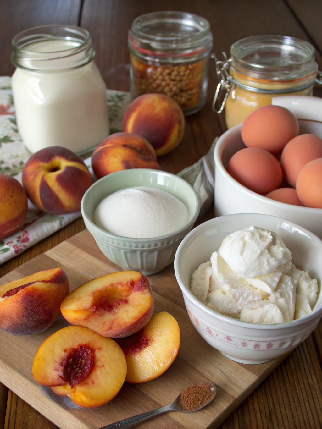 Fresh peaches, cream, sugar and vanilla for homemade ice cream