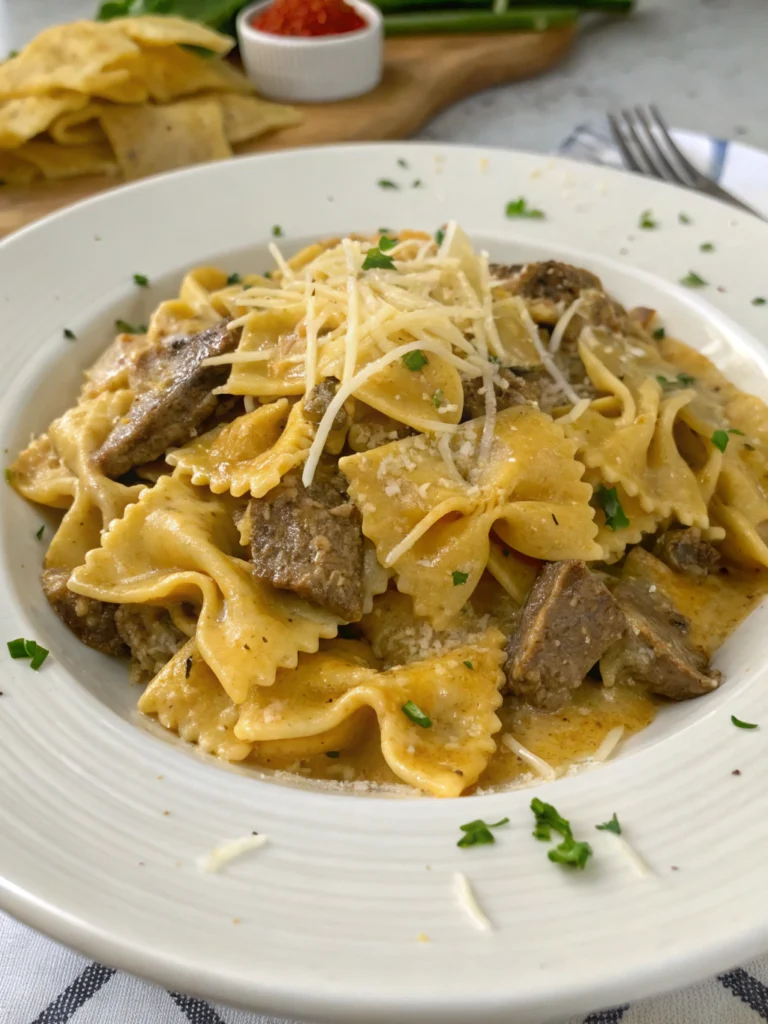 creamy parmesan garlic beef bowtie pasta