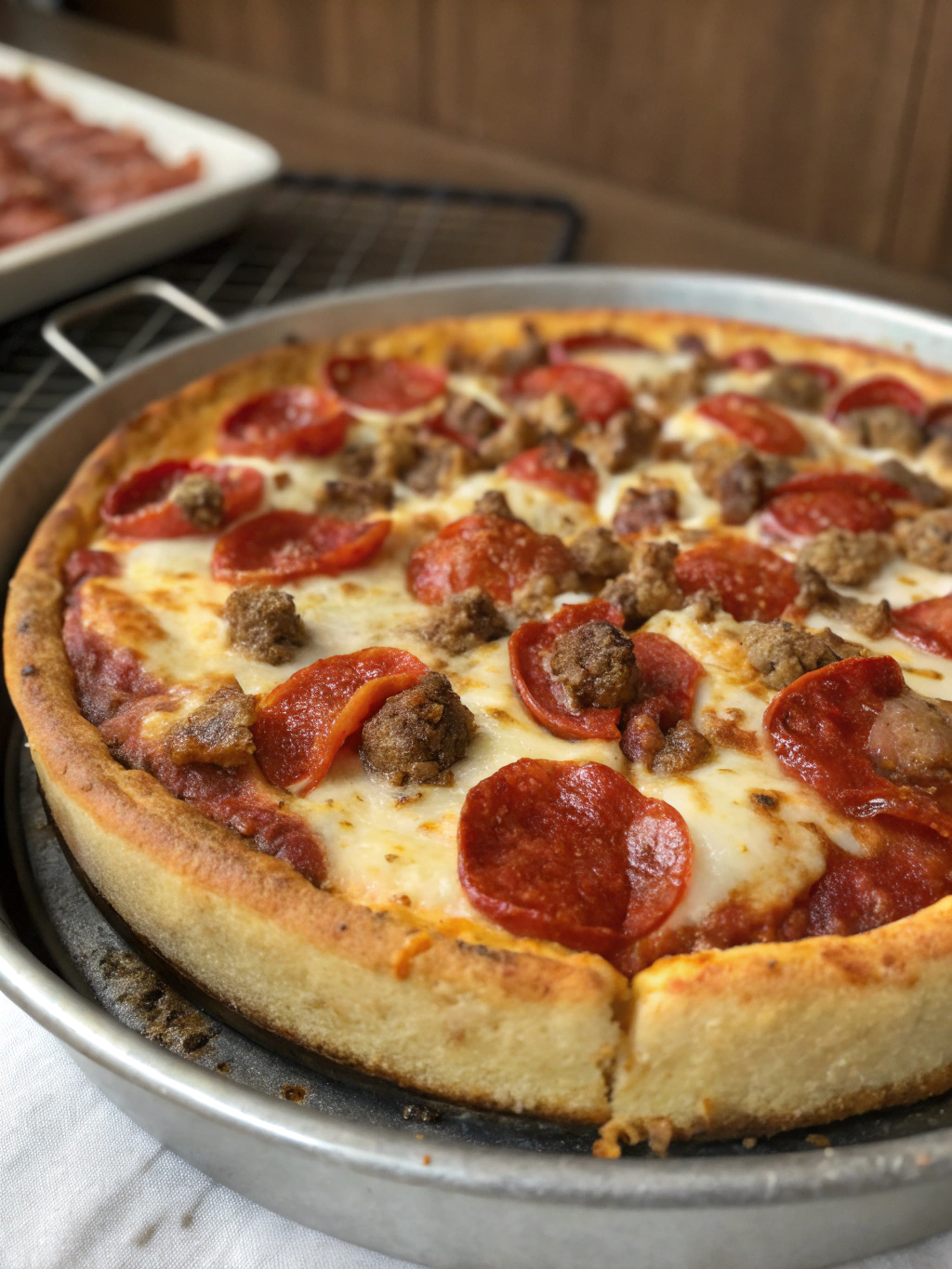 deep hamburger sausage pepperoni pie
