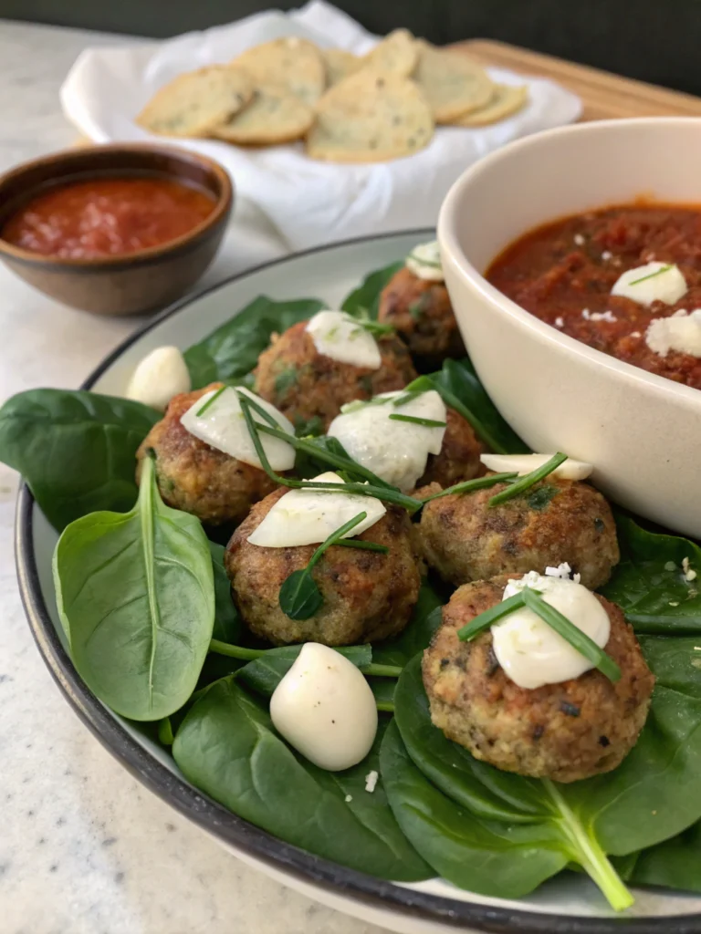 spinach garlic meatballs stuffed with mozzarella